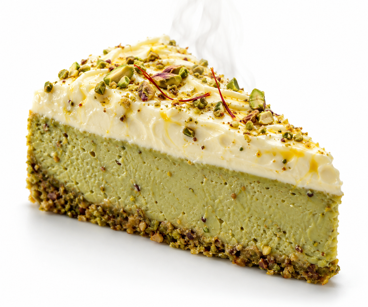 Smoked Pistachio & Saffron Malai Cheesecake with Sea Salt